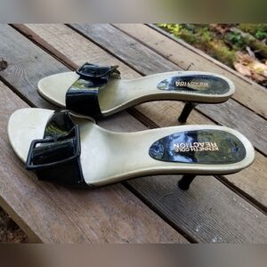 Size 9.5 High Heel Shoes Slides Sandals Buckle Kenneth Cole Reaction Black Gold